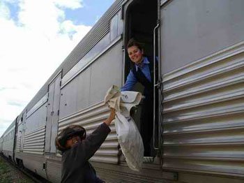 Indian Pacific picking up mail bag